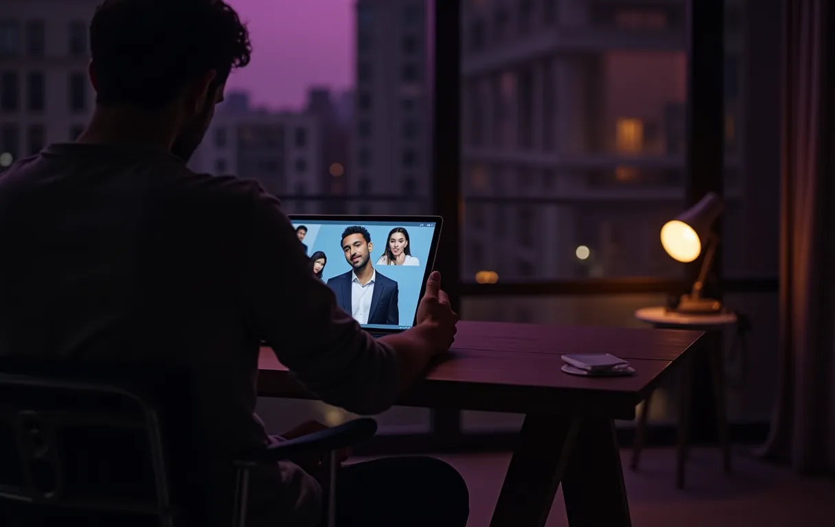 A casting director sitting at a sleek wooden desk, reviewing three distinct headshot photos spread across a tablet screen in a softly lit modern office