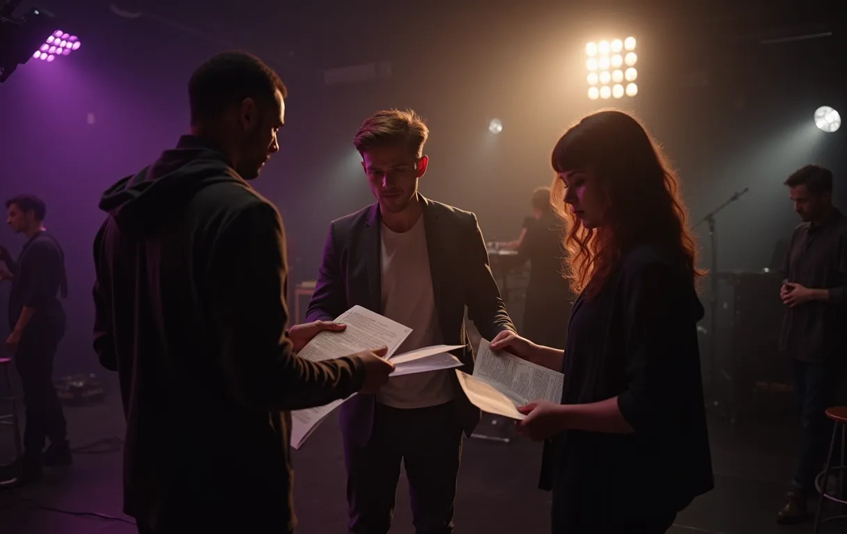 A diverse group of three actors standing in a sunlit rehearsal studio, reviewing printed casting sheets while a film crew organizes equipment in the background