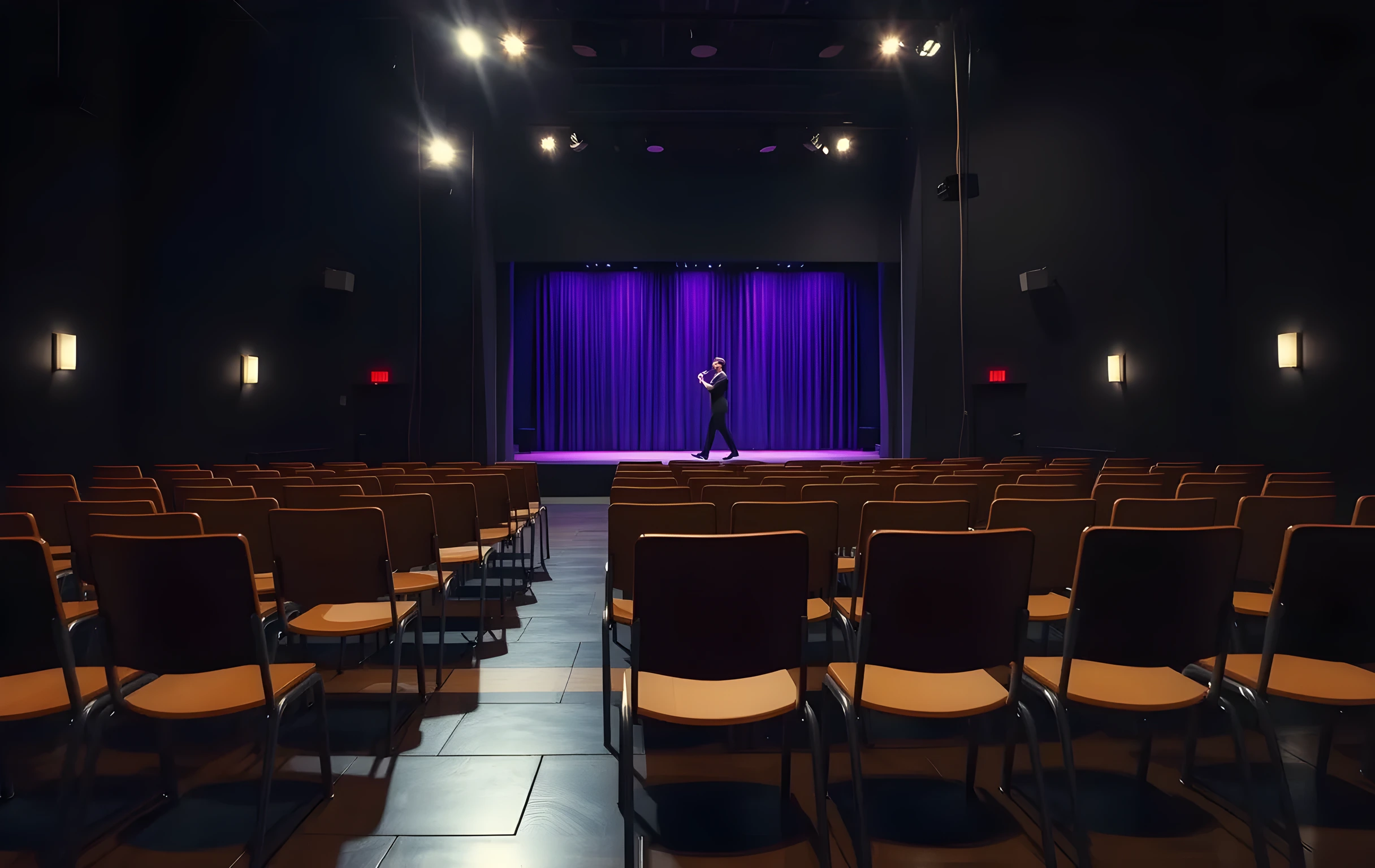 A wider, moody audition room with rows of empty wooden chairs facing a dimly lit stage where a lone performer stands far in the background, soft overhead work lights casting long shadows across a polished floor