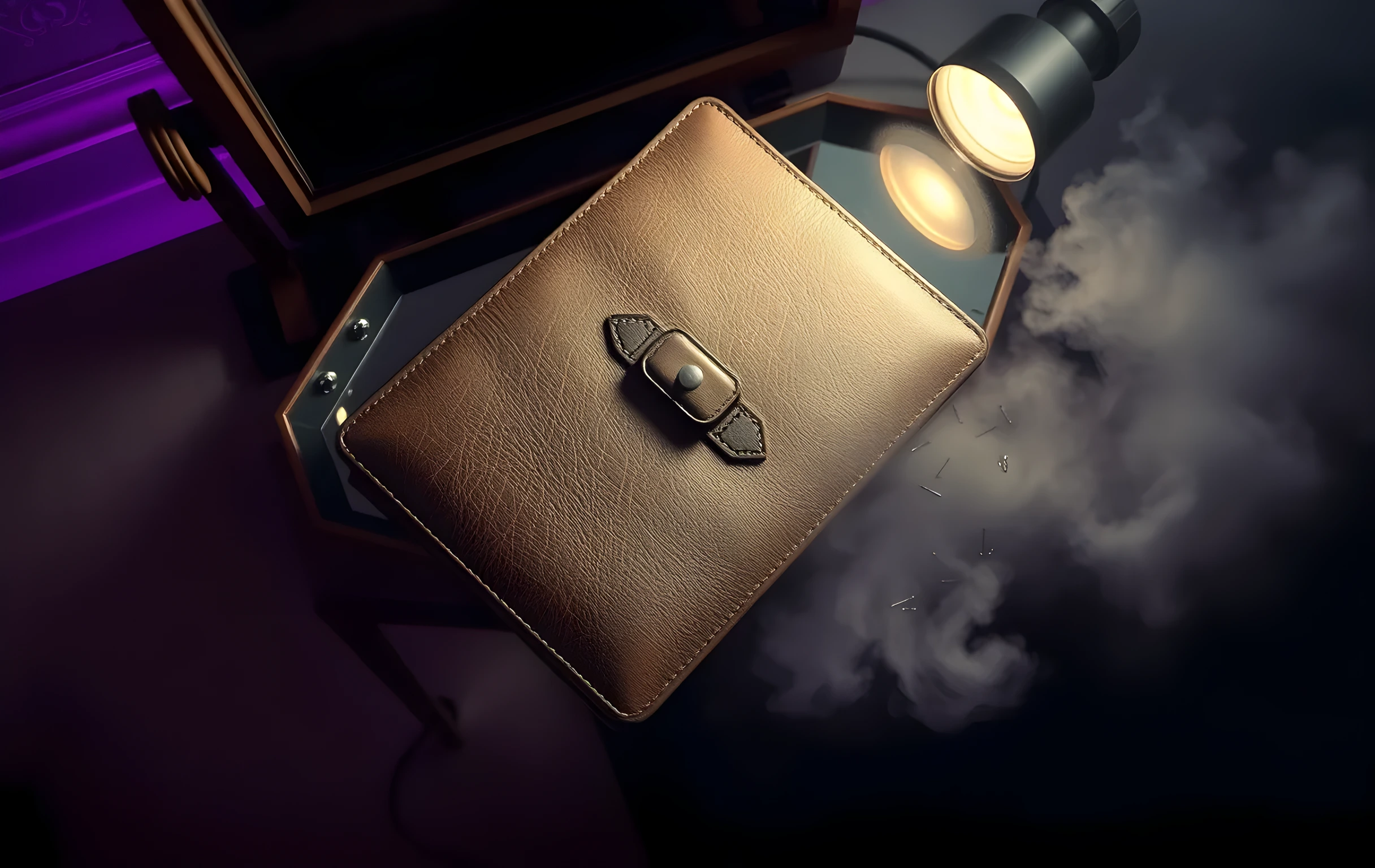A closer detail view of a weathered leather portfolio resting on a vintage dressing table mirror, surrounded by scattered costume pins and a single focused spotlight cutting through theatrical haze