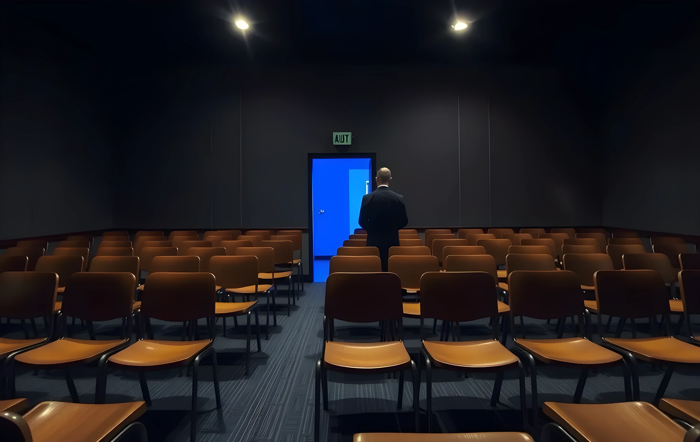 A dimly lit empty audition room with rows of wooden chairs facing a bare wall, a single standing actor in a dark coat waiting near the doorway, cool blue light spilling from a hallway behind them