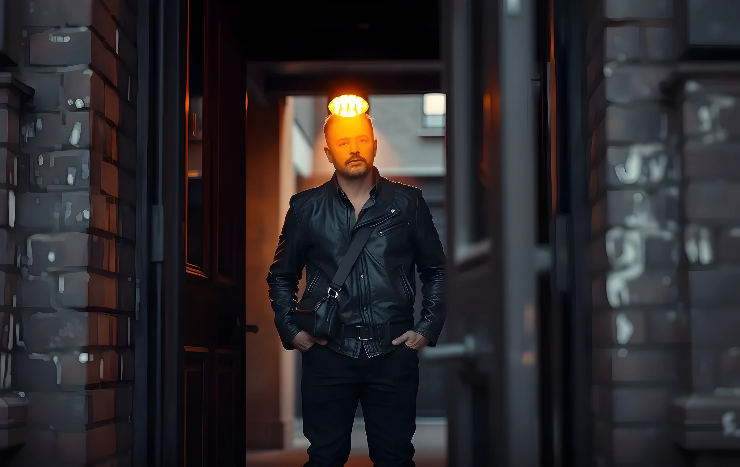 A weathered stage door in a brick alleyway, a performer in a leather jacket standing just inside the threshold with a shoulder bag, a warm amber work light illuminating dust motes in the air around their midsection