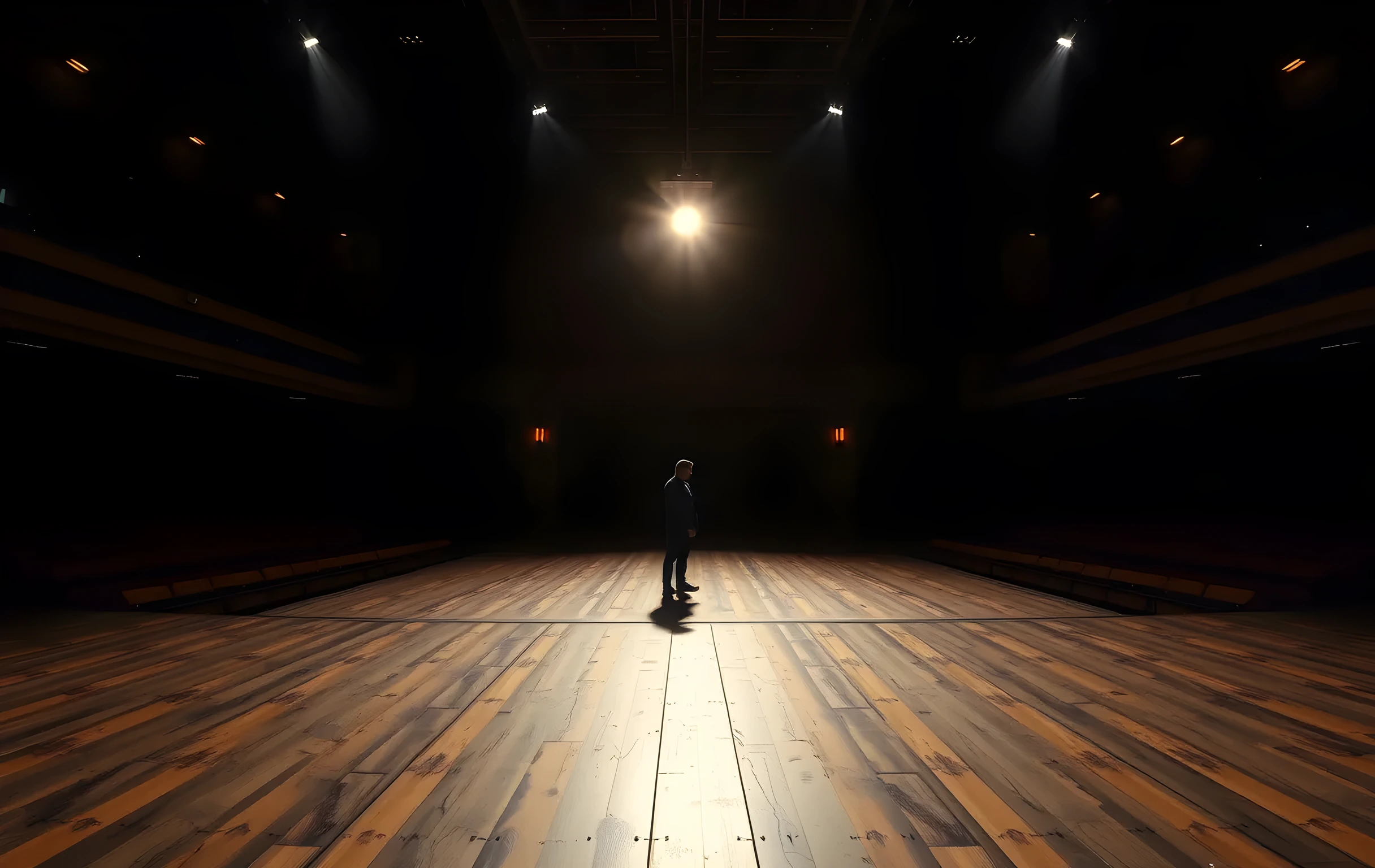 A dimly lit, cavernous theater auditorium viewed from the stage wings, where a lone actor stands near the center stage floor under a single amber work light, casting a long shadow across the worn wooden planks