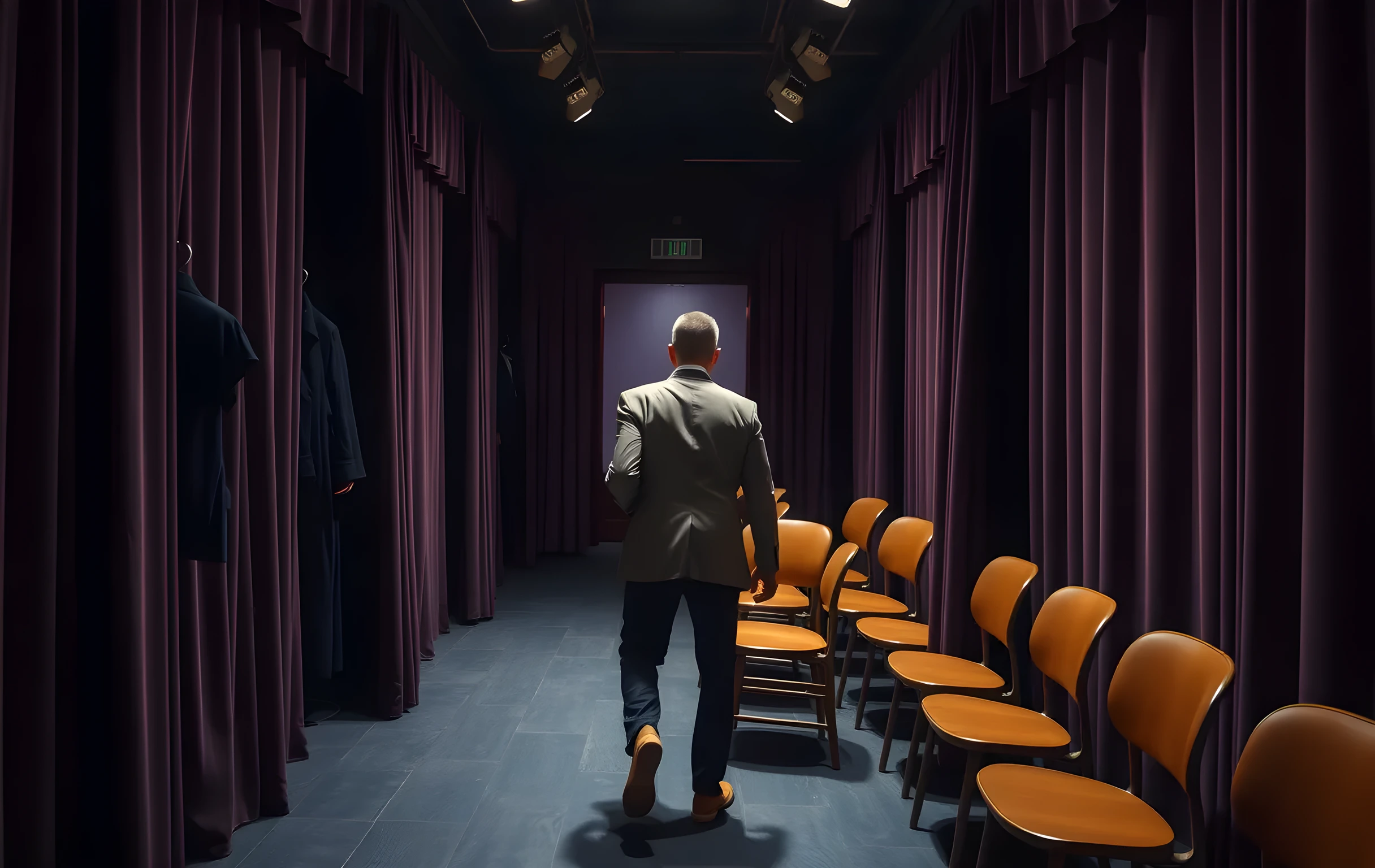 A narrow backstage corridor lined with vintage costume racks and muted velvet drapes, where a performer in a tailored rehearsal jacket walks past a row of empty wooden chairs, captured at waist height with soft practical lighting