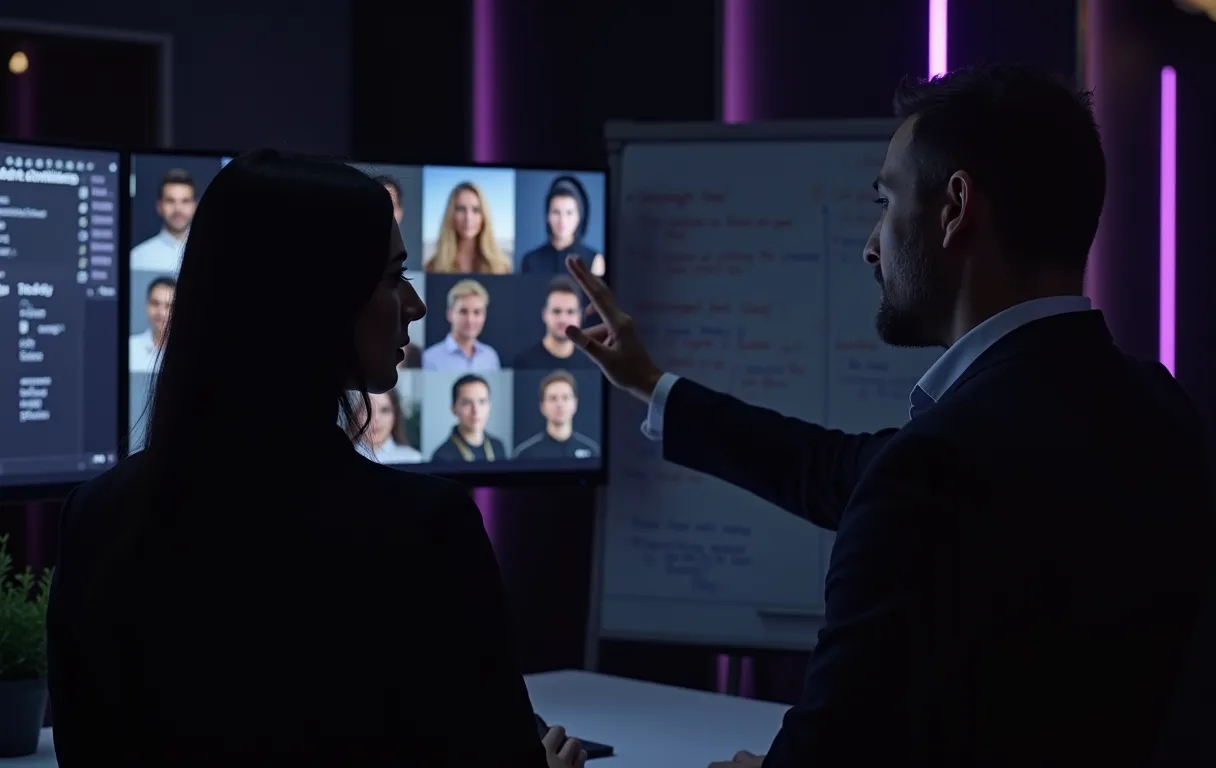 A professional casting director in a modern office reviews digital performer profiles on a large monitor while a producer gestures toward a whiteboard filled with role notes