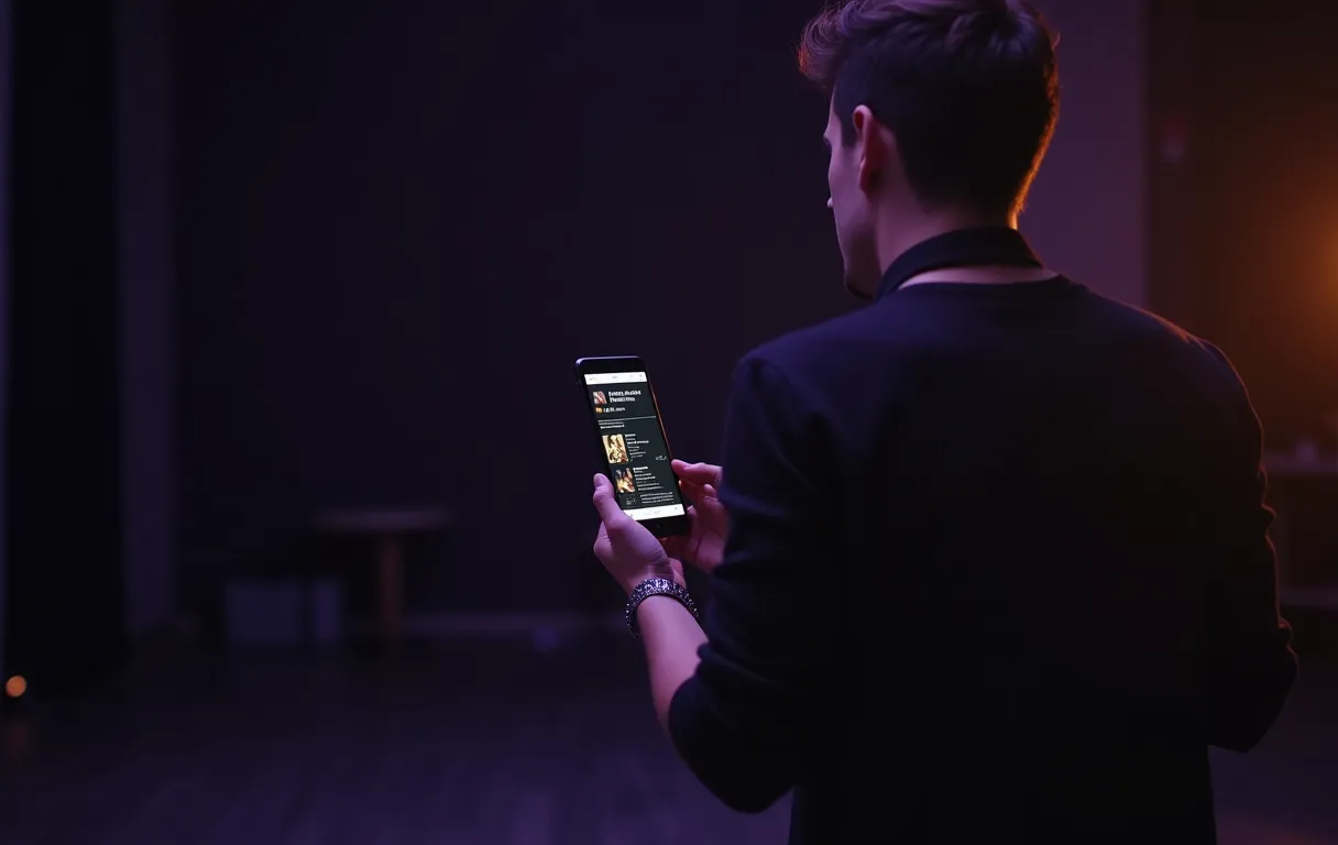 An actor in a quiet rehearsal space practices monologues while a smartphone nearby displays a verified industry profile page with headshot and credits clearly visible