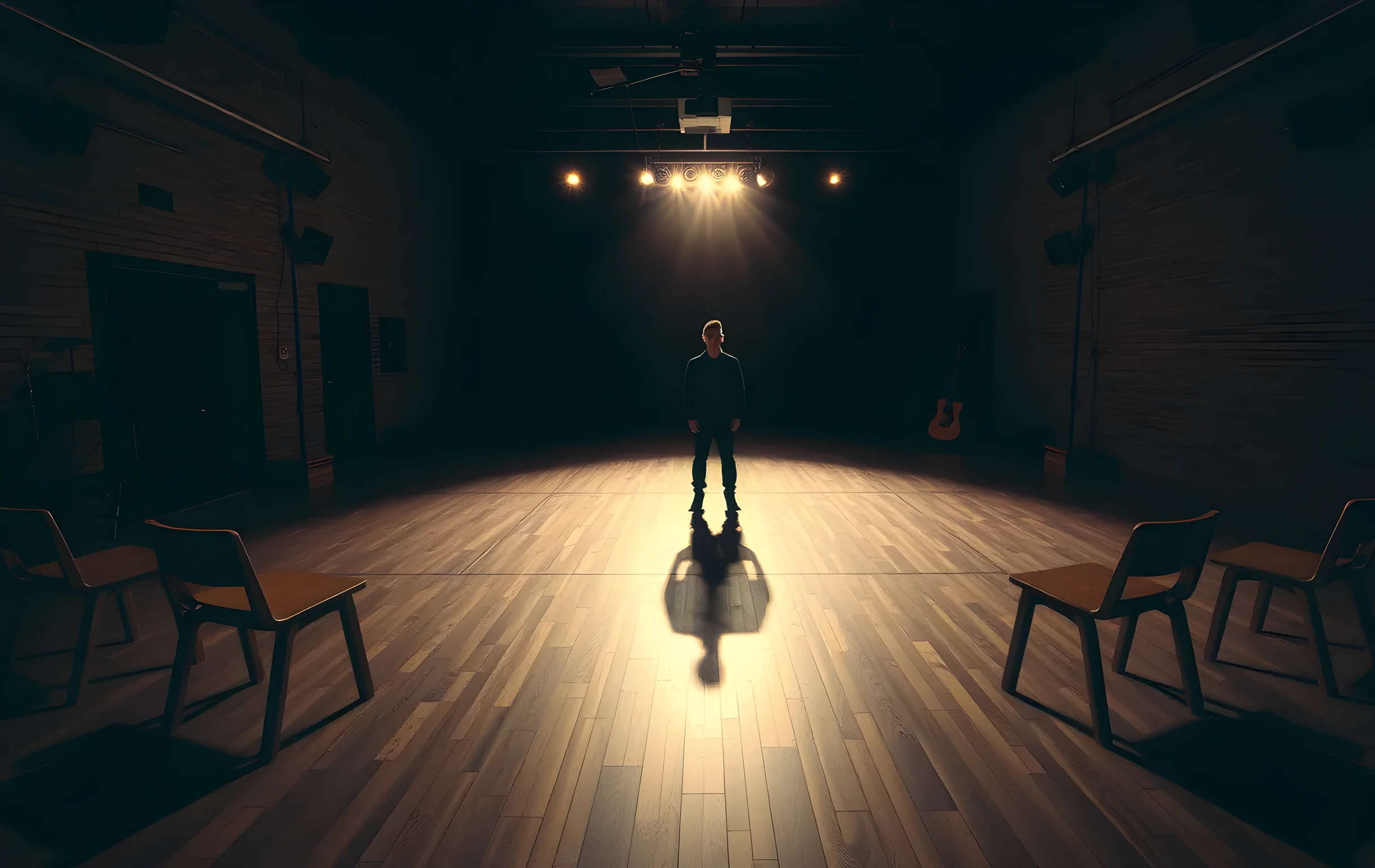 A dimly lit rehearsal studio with exposed brick walls and scattered music stands, where a performer in dark rehearsal wear stands center stage under a single overhead gobo light, their silhouette casting long shadows across the polished floor while a row of empty wooden chairs faces the performance area