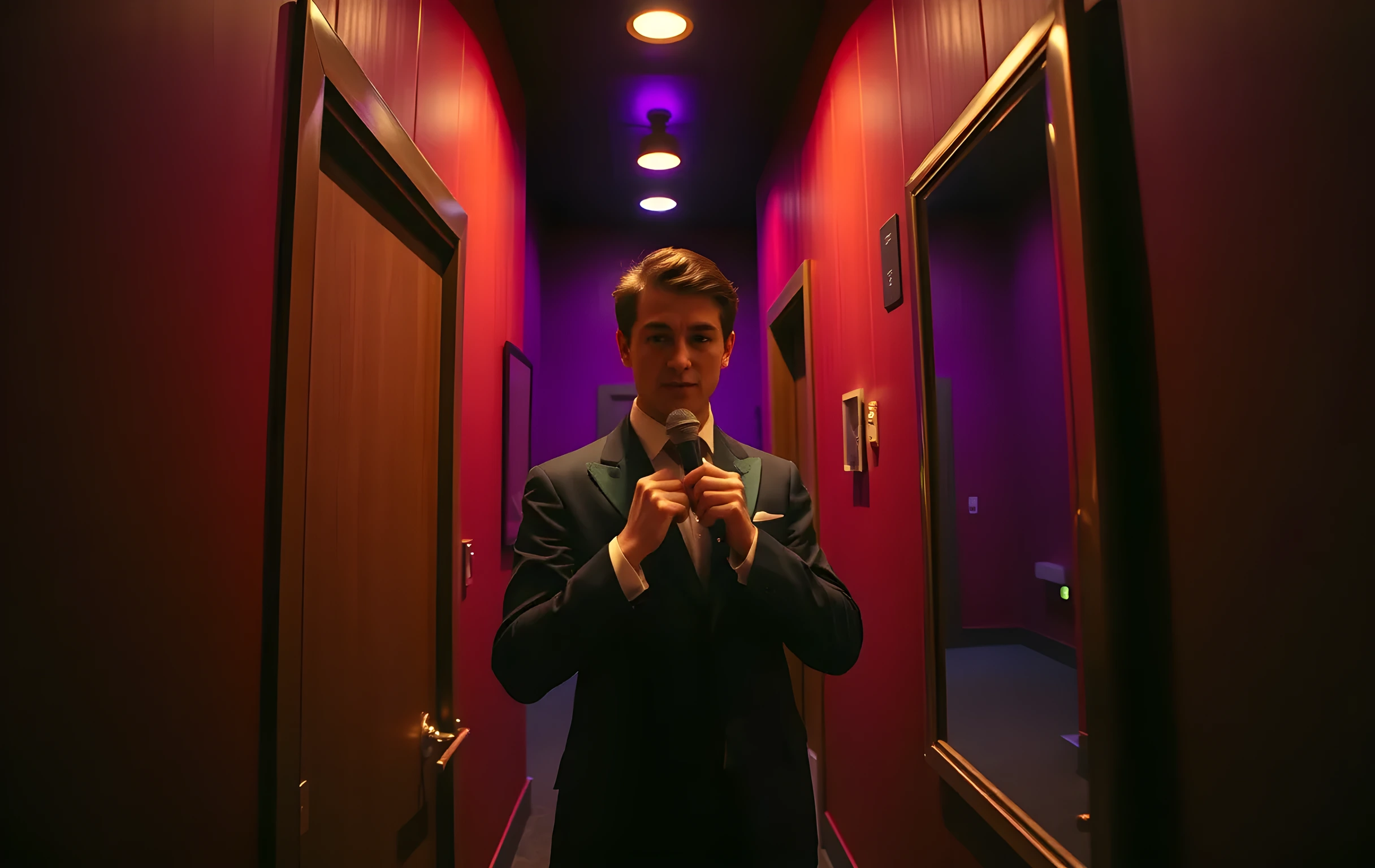 A narrow backstage corridor bathed in amber practical lights, where a cast member in a tailored costume adjusts a lapel microphone, their focused posture framed by the curved metal edge of a stage door and the soft glow of a dressing room mirror reflecting the empty hallway behind them
