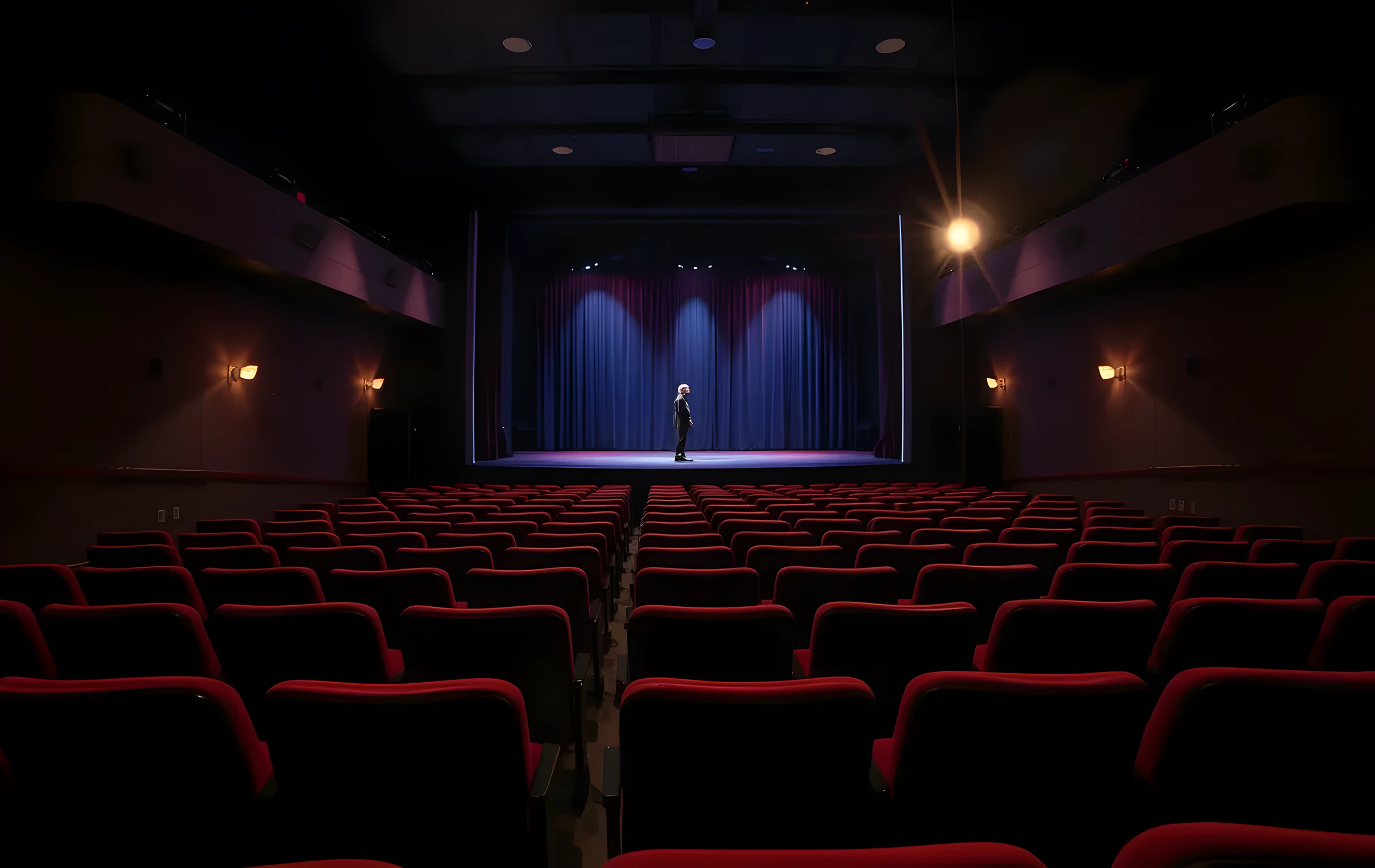 A wide, moody cinematic shot of an empty theater auditorium at dusk, rows of worn velvet seats stretching toward a dimly lit stage where a single spotlight illuminates a standing actor in the distance, the performer facing away from the camera toward the dark stage, atmosphere heavy with anticipation, cinematic color grading, no text, no screens