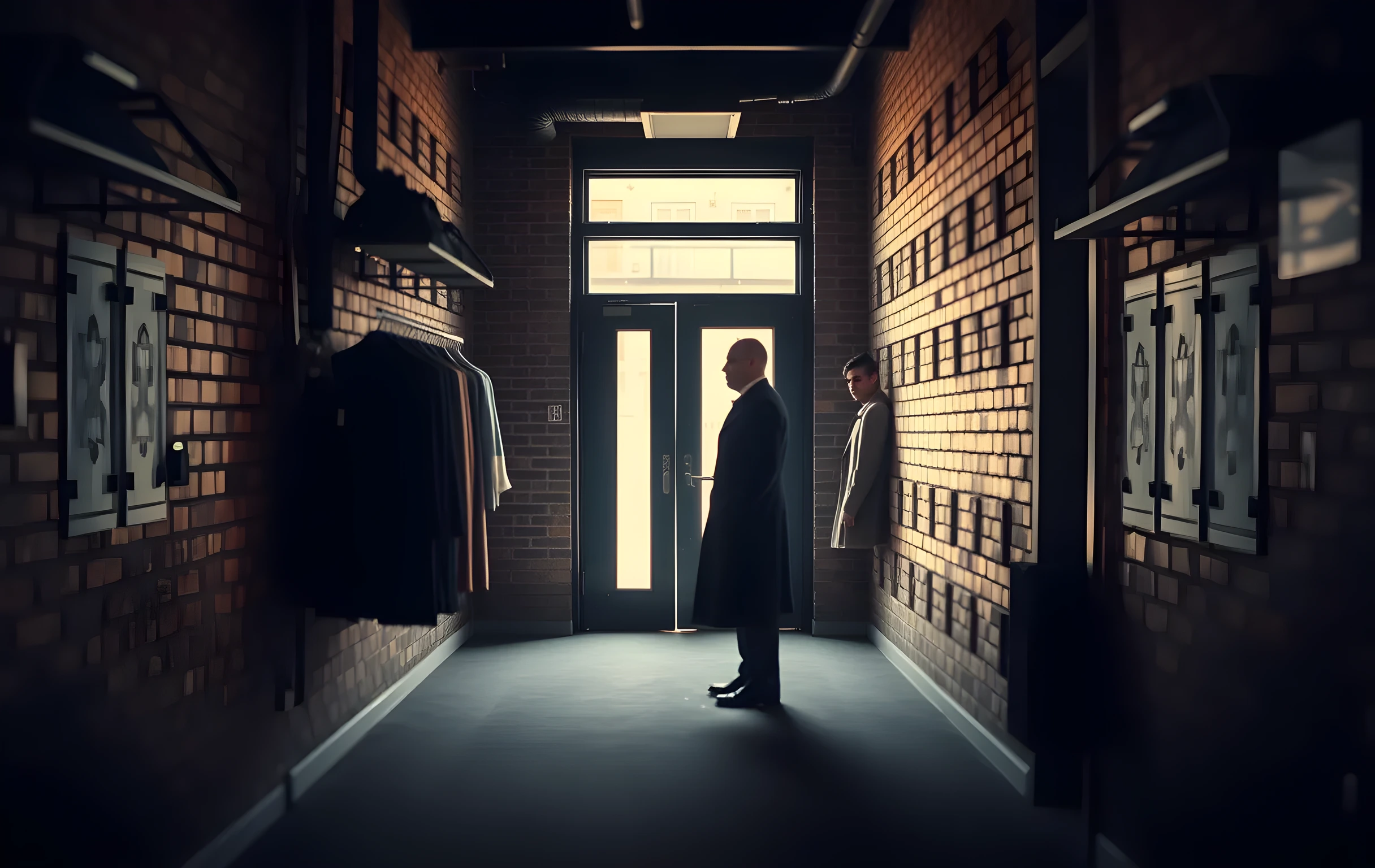 A medium-distance shot of a quiet backstage corridor with exposed brick walls and hanging garment racks, a performer in a long coat stands near a stage door with natural light spilling through the glass, the perspective captures the depth of the hallway and the silhouette of the actor, moody atmospheric lighting, no text, no signs, no close-ups